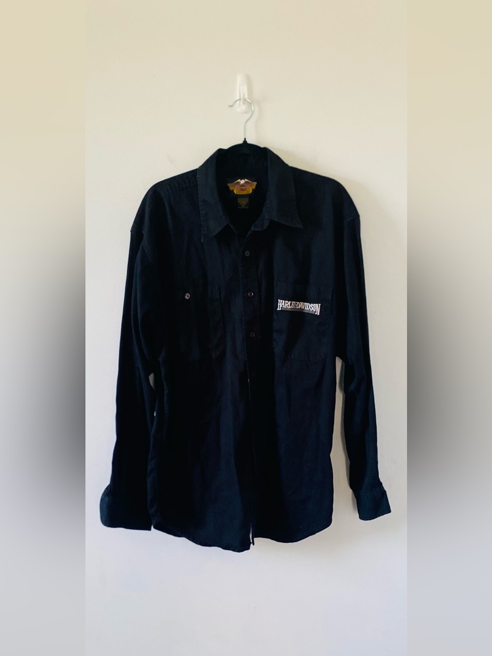 VTG 90s Harley Davidson Black Button Up Work Shirt XL EUC Moto Bikercore Biker
